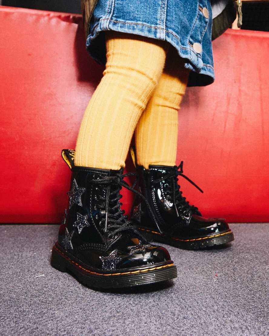 Dr Martens Toddler 1460 Glitter Star Patent Kids' Lace Up Boots Black Patent Lamper | WRMULI543