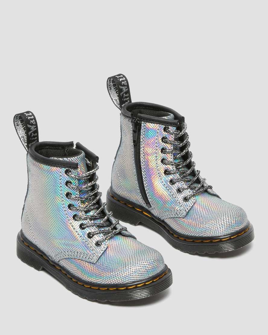 Dr Martens Toddler 1460 Iridescent Reptile Leather Kids' Lace Up Boots Silver Reptile Iridescent | RDMZJH193