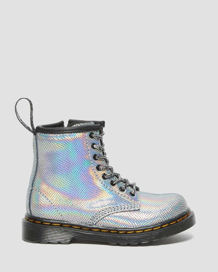 Dr Martens Toddler 1460 Iridescent Reptile Leather Kids' Lace Up Boots Silver Reptile Iridescent | RDMZJH193