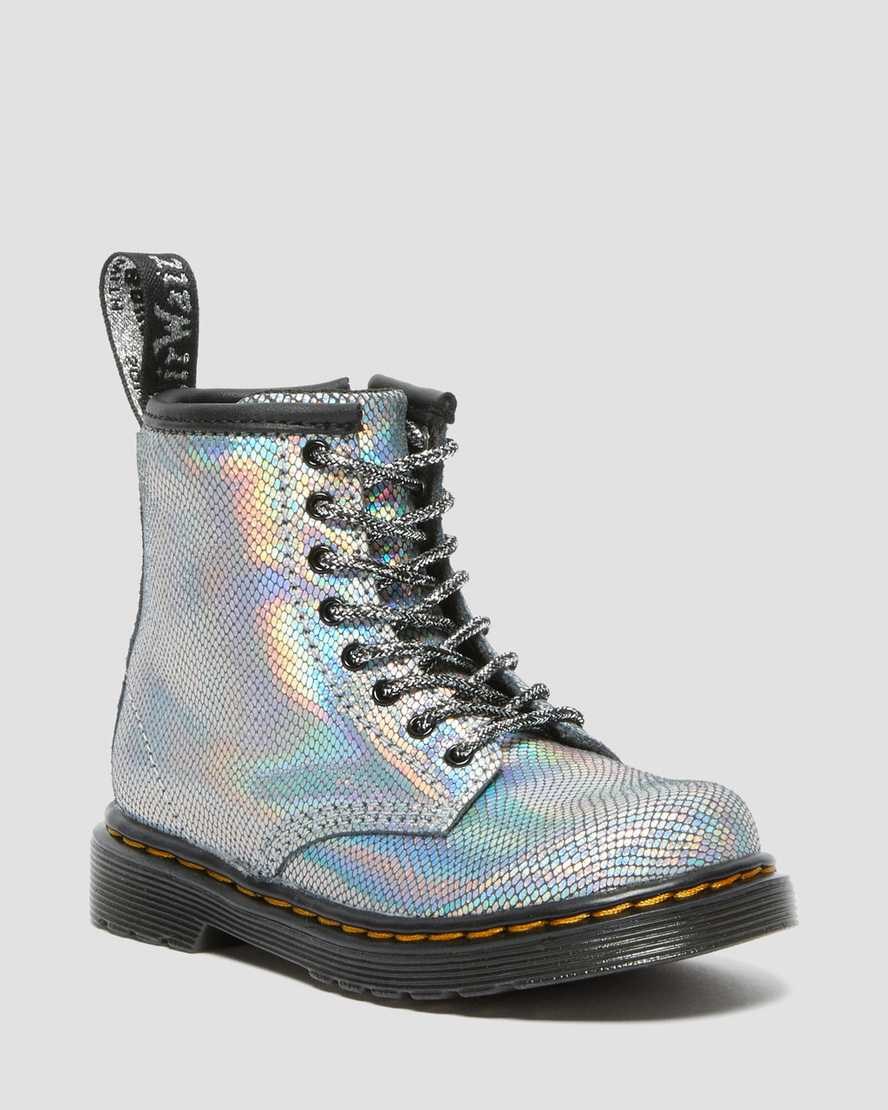 Dr Martens Toddler 1460 Iridescent Reptile Leather Kids\' Lace Up Boots Silver Reptile Iridescent | RDMZJH193