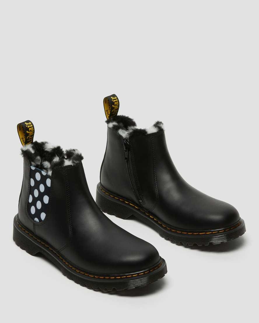 Dr Martens Youth 2976 Leonore Faux Fur Lined Leather Kids' Chelsea Boots Black Romario | BHQZAC138